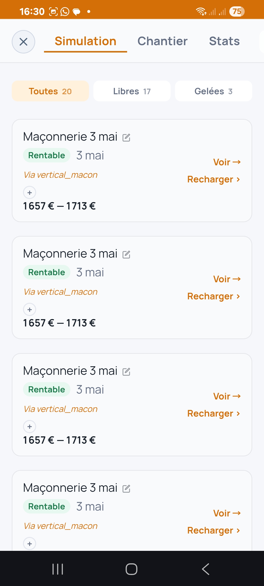 MargePro — Historique de 20 simulations avec filtres Toutes Libres Gelées, statut Rentable en vert, fourchette de marge par simulation