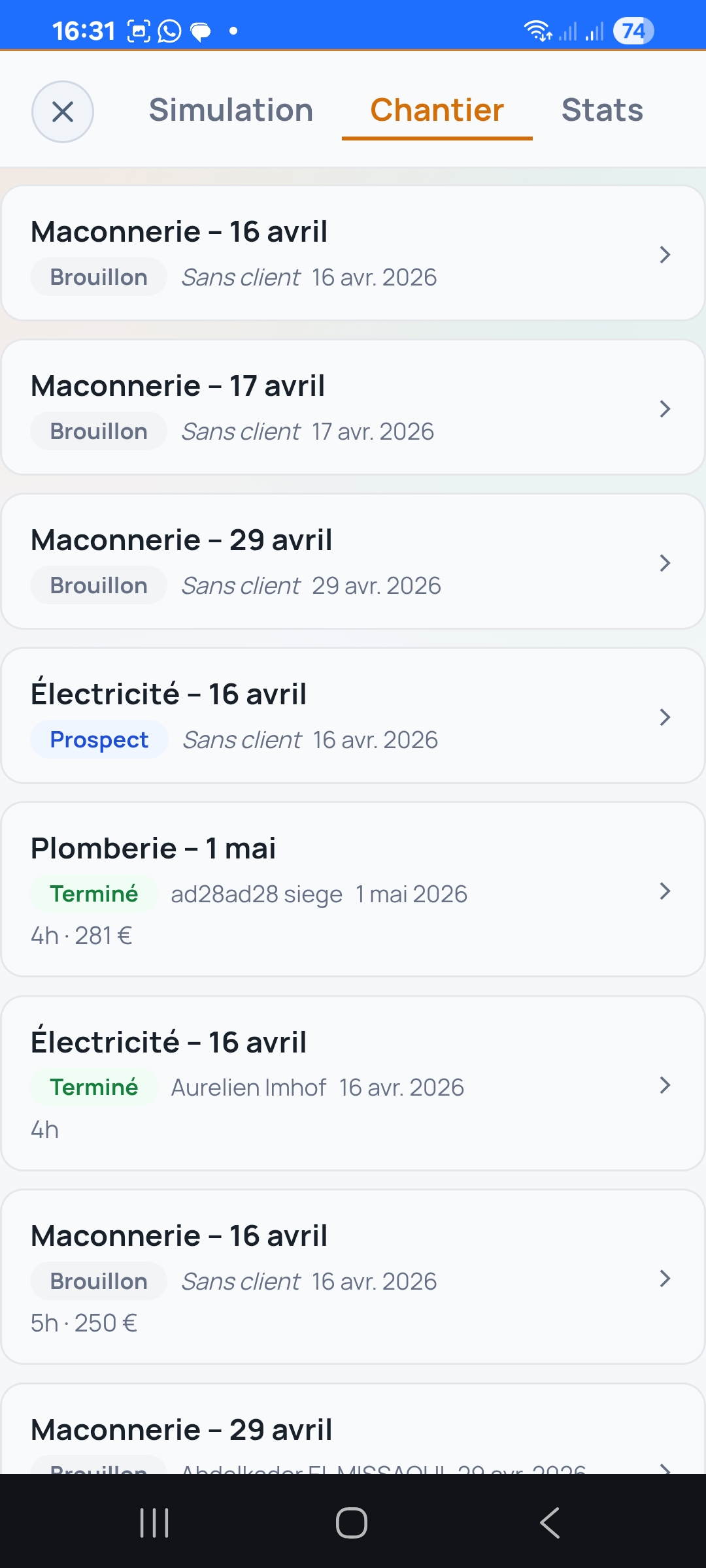 MargePro — Liste chantiers avec statuts Brouillon Prospect Terminé, noms clients, dates, heures passées et montants — Maçonnerie Électricité Plomberie