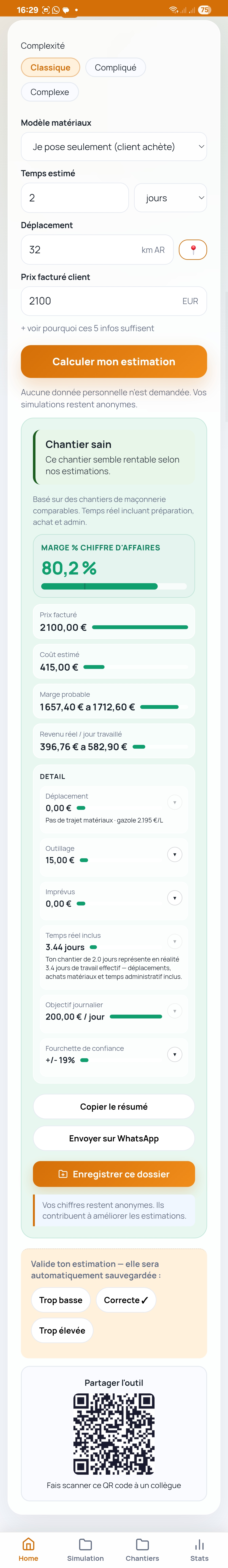 MargePro — Simulateur maçon avec verdict Chantier sain, marge 80,2%, fourchette 1657€ à 1712€, détail déplacement outillage imprévus